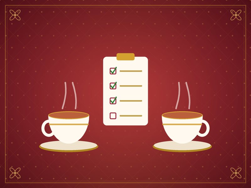 Illustration of two teacups facing each other with a small checklist between them, in red and gold