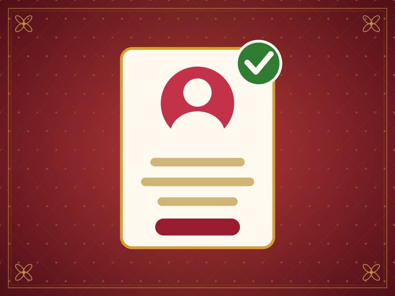 Illustration of a profile card with a portrait silhouette and a check mark, in red and gold
