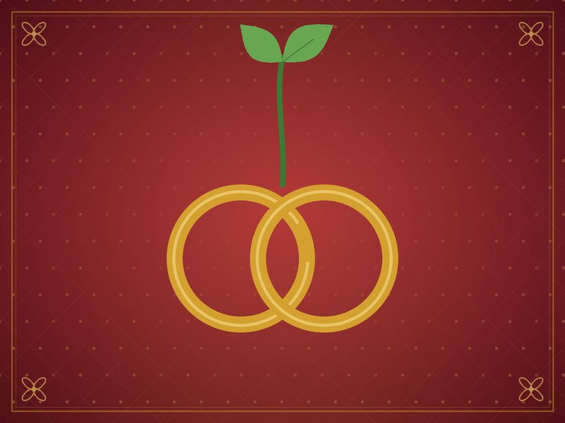 Illustration of two interlocking gold rings with a young green sprout, on a warm red background