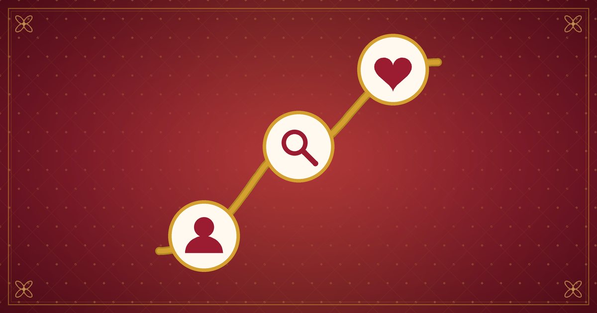 Illustration of three circles linked along a golden path, representing simple steps, in red and gold