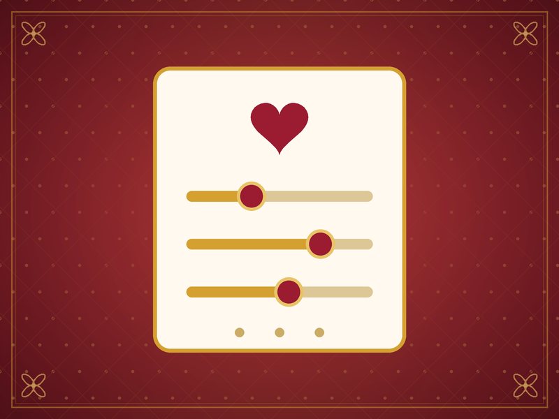Illustration of a checklist card with a heart and three gold sliders, in red and gold