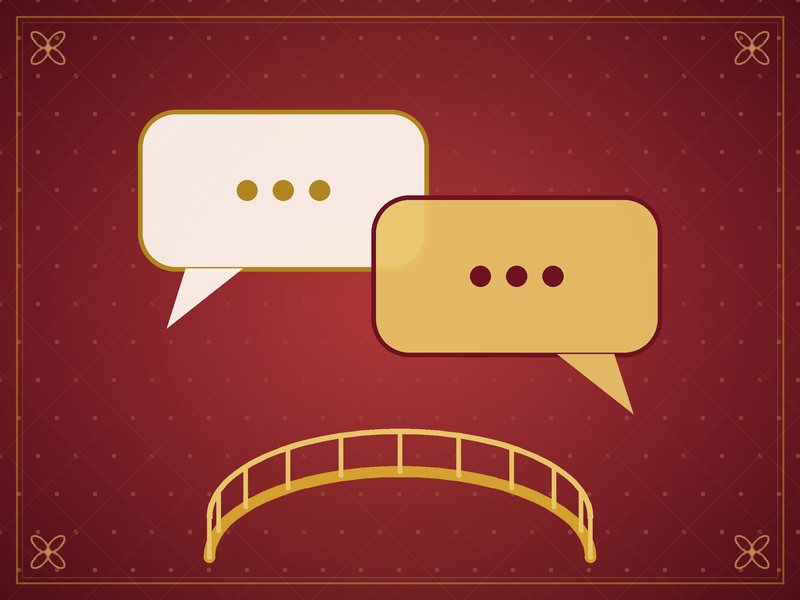 Illustration of two overlapping speech bubbles joined by a small bridge, in red and gold