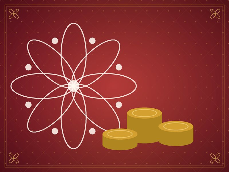 Illustration of stacked gold coins beside a kolam pattern, in red and gold