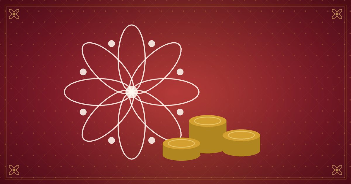 Illustration of stacked gold coins beside a kolam pattern, in red and gold