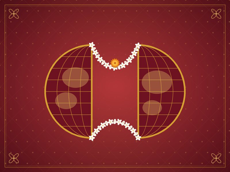 Illustration of two globe halves joined by a jasmine garland, in red and gold