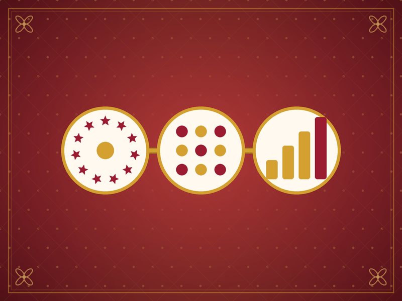 Illustration of three linked gold medallions — a star wheel, a grid of dots and a row of rising bars — in red and gold