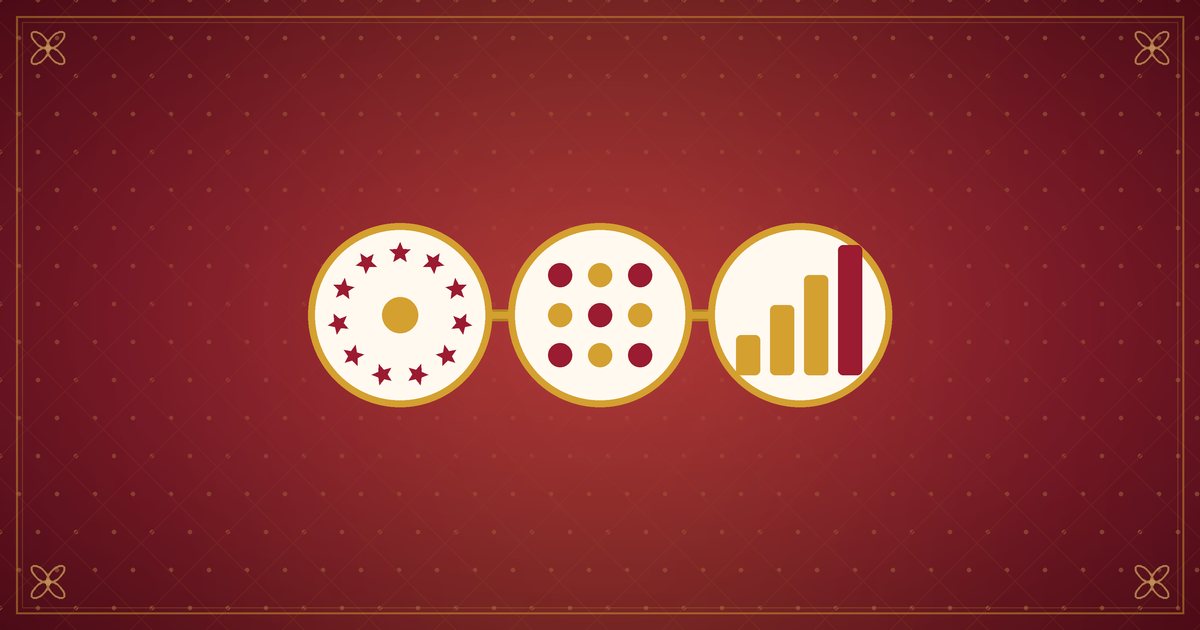 Illustration of three linked gold medallions — a star wheel, a grid of dots and a row of rising bars — in red and gold
