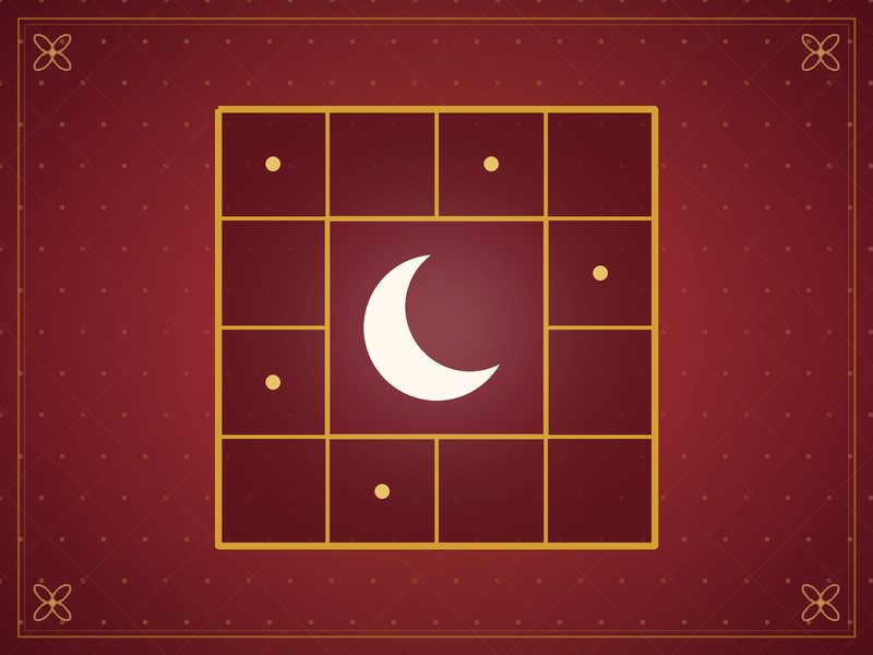 Illustration d'un carré de douze cases avec un croissant de lune au centre, en rouge et or