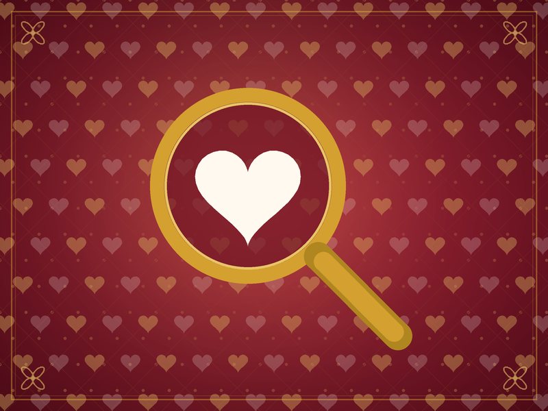 Illustration of a magnifying glass over a pattern of small hearts, in red and gold