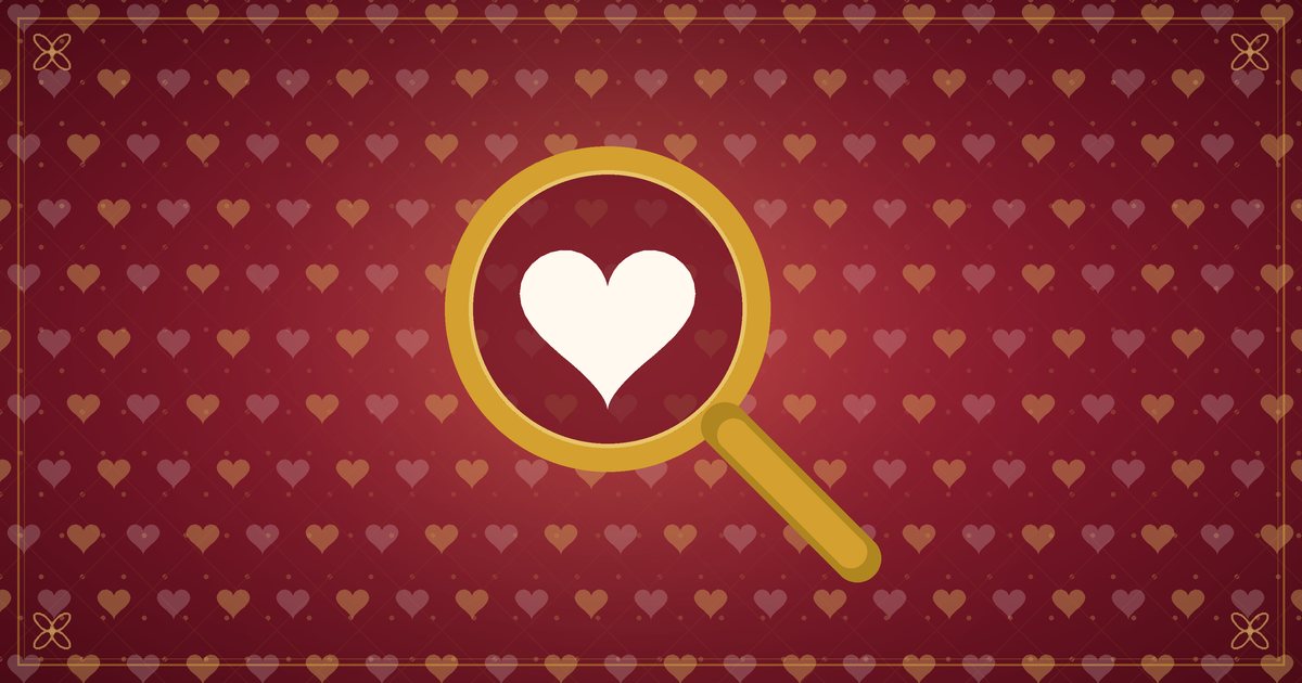 Illustration of a magnifying glass over a pattern of small hearts, in red and gold
