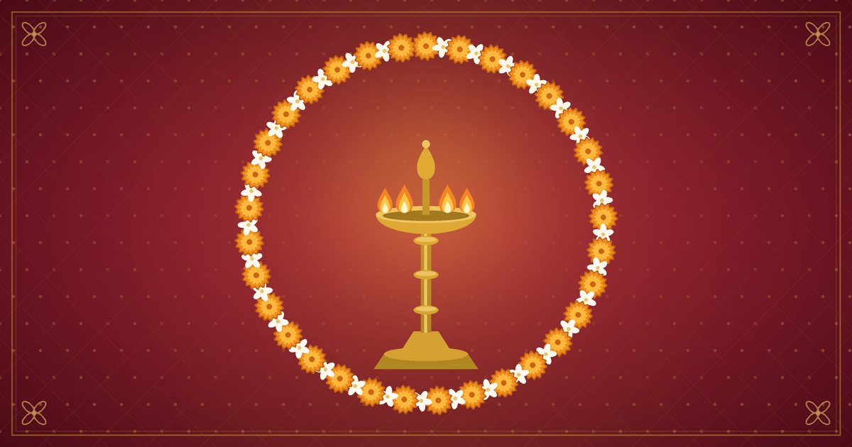 Illustration of a marigold garland framing a brass oil lamp, in red and gold