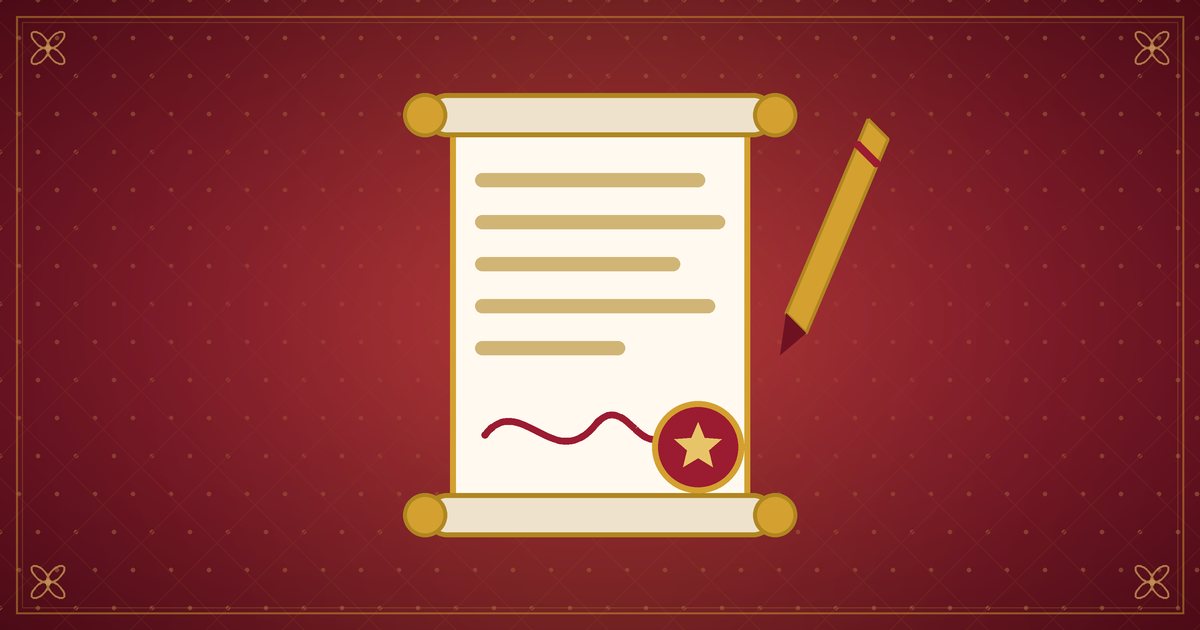 Illustration of a signed scroll with a gold seal and a pen, in red and gold